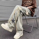 Advbridge High Street Design Star Patch Denim Jeans for Men American Vibe Trendy Brand Street Bombing Washed and Worn Wide Leg Pants For