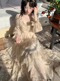Advbridge French Elegant Fairy Lace Dress Women Autumn Sweet Ruffles Petal Sleeve High Waist Princess Clothing Vintage Evening Party Mjuer