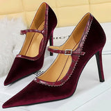 Advbridge Women 10cm High Heels Pointed Toe Pumps Fashion Lady Stiletto High Heels Burgundy Wedding Bridal Velvet Mary Janes Party Shoes