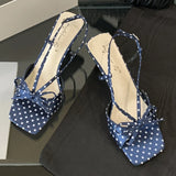ADVBRIDGE  -  Blue Polka Dot Bow High Heel Sandals Women Fashion Square Toe Back Strap Buckle Brand Designer Shoes Sexy Open-toe Dress Shoes