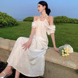 Advbridge Hanging Neck Off Shoulder Dress, Women'S White Jacquard Design, Unique And Beautiful Temperament, Seaside Vacation Long Dress