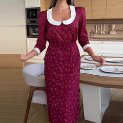 Advbridge Fashion French Style Slim Shirt Dress Elegant Doll Collar Floral Print Long Dress Female High Waist 3/4 Sleeve Slit Party Dress