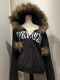 Advbridge Retro Fur Collar Letter Print Gray Zipper Hoodie Women Autumn Winter Streetwear Loose Casual Everyday Harajuku Street Y2K Tops