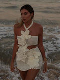 Advbridge 3d Flower Crochet Hook Halter Short Dress Women Sexy Knitted Off Shoulder Backless White Dresses Summer Female Beach Vestidos