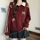 Advbridge Oversized Preppy Style Polo-Neck Sweatshirts Female Spring Autumn New Striped Bow Top Tee Coat Women's Casual Patchwork T-Shirts