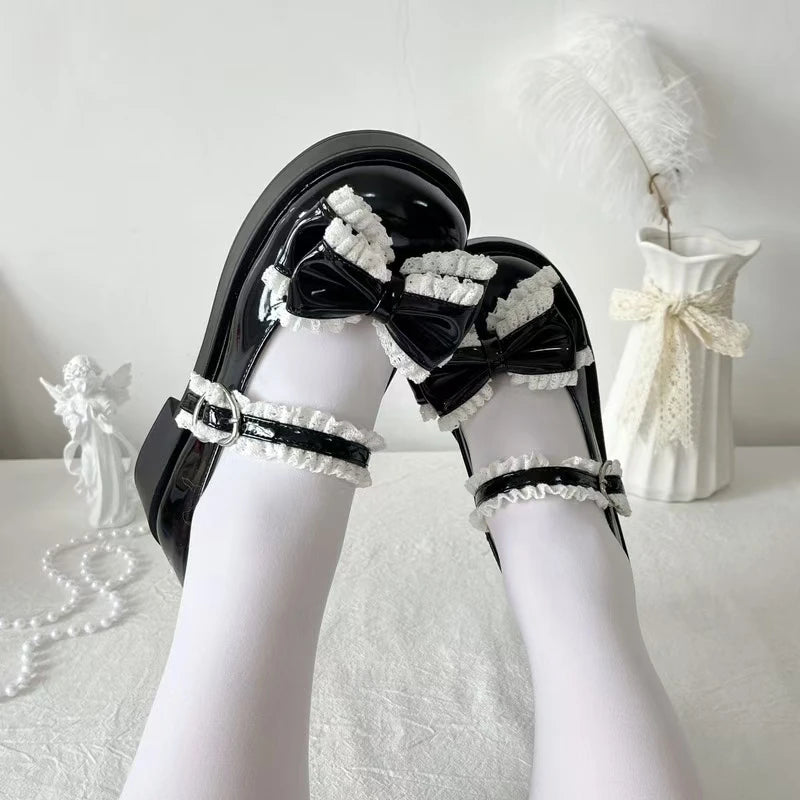 Advbridge Japanese Sweet Girl Single Shoes Original Luo Shoes Cute Bow Lace Middle Heel Lolita Tea Party Single Shoes