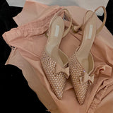 Advbridge Fashion Trendy Rhinestone Stiletto Sandals Women's Back Empty Bow Pointed High Heels 6.5cm
