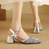 Advbridge Fashion Sequin Bling Bling Ankle Strap Women Slingback Glitter Sandals Square Toe Block High Heels Ladie Party Wedding Shoes 48
