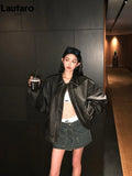 Advbridge Spring Autumn Cool Handsome Retro Oversized Distressed Brown Soft Faux Leather Jackets for Women Zipper Runway Fashion