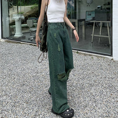 Advbridge  -  Women's Green Perforated Design Straight Wide Legs Vintage Jeans Cool Girl High Waisted Pants Female Retro Denim Trousers