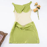 ADVBRIDGE  -  Elegant Light Green Satin One-Shoulder Sheer Mesh Bodycon Mini Dress Women Sexy See Through Ruched Slim Summer Party Dress