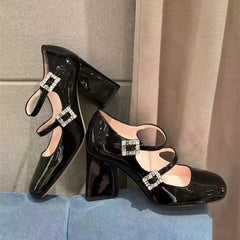 Advbridge Bling Double Crystal Square Buckle Straps Block Heel Pumps Mary Jane Black Beige Square toe Woman Lolita High Heels Woman