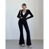 Advbridge Two Piece Womens Clothing Casual Pants Suit Solid Color Slim Fit Zipper Hoodie Y2k Fashionable High Waist Slimming Flared Pants