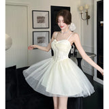 ADVBRIDGE  -  French Style Apricot Elegant Princess Dress Women Lace Strapless Sexy Mesh Mini Dresses Summer Sweet Kawaii Birthday Vestidos