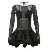 ADVBRIDGE  -  Sexy 2 Piece Set y2k Women Outfits See Through Sequins Long Sleeves Bubble Dress with Bra Cocktail Club Streetwear