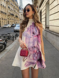 ADVBRIDGE  -  Printed Halter Short Dress Hanging Neck Satin Pleated High Neck Backless Fluffy Baggy Fashion Beach Dresses Women's Clothing