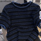 Advbridge Shirts for Women Knit Tshirts  Ropa Mujer Short Sleeve O-neck Striped T Shirts Y2k Tops Chic Casual Summer Tees Crop Top