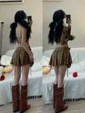 Advbridge Y2k American Hot Girl Three Piece Sexy Skirt Suit Lace Maillard Color High Street Design Cardigan Suspender Female Versatile