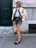 Advbridge 2024 Women Chic Contrast Patchwork Cotton Jacket Elegant Stand Collar Single Breasted Pockets Coat Fall Winter Lady Chic Outwear