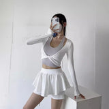 Advbridge Ballet Style Design, Twisted Fake Two-piece Long Sleeved Short Spicy Girl Top, High Waisted Slim Pants Skirt, Women's Summer