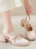 Advbridge Floral Embroidery Square Head Sandals Women Outside Wear Summer Belt Buckle Sandal Female Pearl Chunky Heel Mary Jane Shoes
