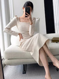 Advbridge Elegant Long Sleeve Midi Dresses for Women Square Collar Slim Waist Bodycon Split Dress Autumn New Solid Office Lady Vestidos