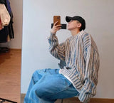 Advbridge Y2K Striped Crochet Sweater For Men Long Sleeve Knitted Tees Korean Fashion Streetwear Pullovers Patchwork Crewneck Knitwear