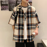 Advbridge New 100% Cotton Men Casual Plaid Shirt Short Sleeved Korean Style Fashion Striped Loose Harajuku Clothes Streetwear 2XL 3XL