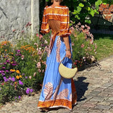 ADVBRIDGE  -  Elegant Short Sleeve Stitching Graphic Party Dress Temperament Lady Vacation Dress Bohemian Waisted V-Neck Long Dress Women