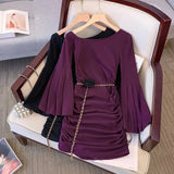 ADVBRIDGE  -  Diagonal Collar Cocktail Party Dress Women Elegant Purple Pleated Flared Sleeve Classic Skirt Fashion Slim Lady Fall Dress