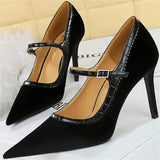 Advbridge Women 10cm High Heels Pointed Toe Pumps Fashion Lady Stiletto High Heels Burgundy Wedding Bridal Velvet Mary Janes Party Shoes