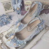 Advbridge Sweet Lolita Retro Court Style Cosplay Cute Loli Flower Wedding Girls Gem Flower Ribbon Plush Bow 6-8 Cm High Heel Shoes