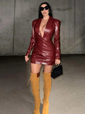 Advbridge Chic Burgundy Women's Deep V-neck Leather Mini Dress Elegant Long Sleeved Slim Fit High Waist Dresses Lady 2024 High Streetwear