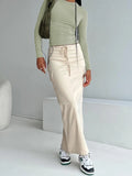 Advbridge Lace- Up Apricot Long Skirt For Women Clothing Slim Split Falda Aesthetic Pockets Faldones Para Mujer High Waist Outfits Autumn