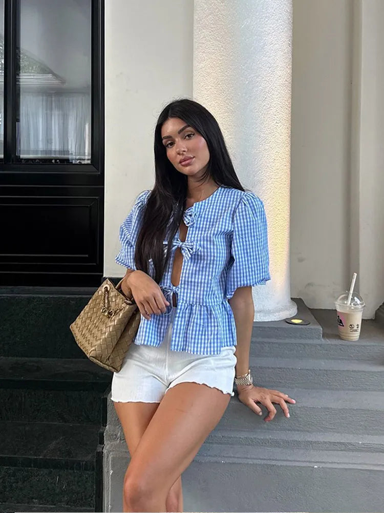 Advbridge O-neck Checkered Puff Sleeve Women's Shirt Elegant Lace Up Half Sleeved Hollowed Out Top Chic High Street Pleated Casual Jackets
