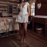 ADVBRIDGE  -  Single Breasted White Elegant V Neck Slim Button Women Min Wave Dress Petal Sleeve Dress Summer Skinny Flower Embroidery French
