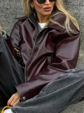 Advbridge Fashion Solid Lapel Leather Jacket Women Vintage Loose Long Sleeve Zipper Pu Coat 2024 New Chic Female High Street Outerwear