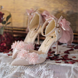 Advbridge French Sweet Vintage Girls Shoes Cosplay Pink Elegant Lace Flower Pearls Pointed Sandals Bandages Bowknot 8cm High Heel Shoes