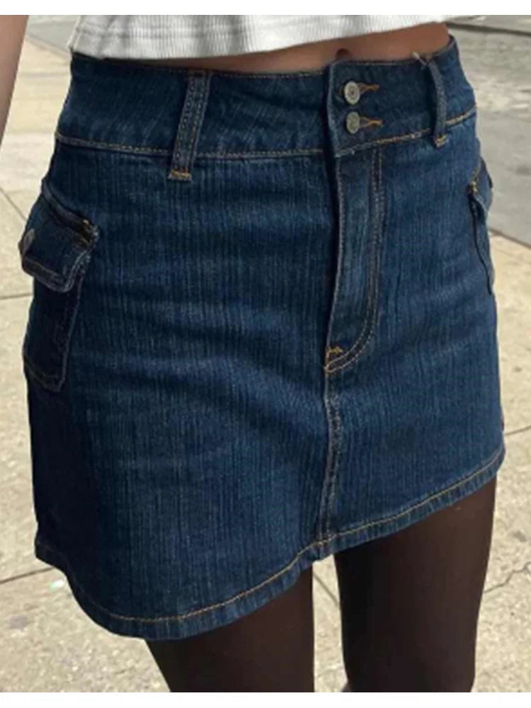 Advbridge Vintage Blue Denim Mini Skirts Women Summer High Waist Side Pockets Short Skirt Female Y2k Streetwear Cotton Bottoms Chic