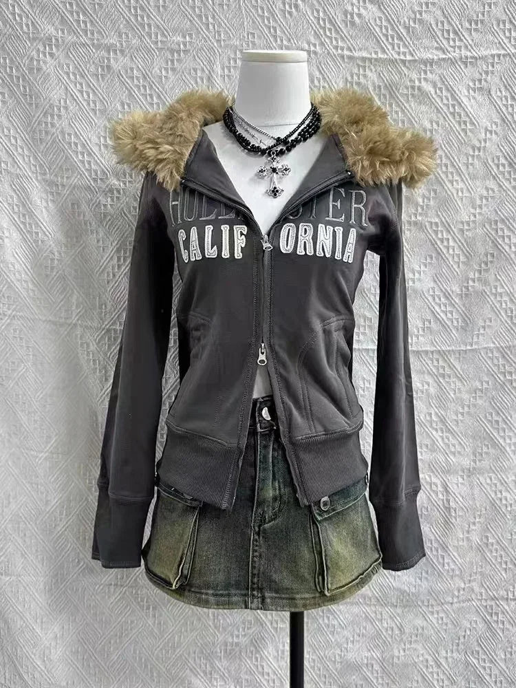 Advbridge Vintage Harajuku Y2K Streetwear Women Gothic Punk Cross Print Fur Collar Zipper Hoodie Hip-hop Fashion Casual Loose Sweatshirt