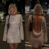 Advbridge Elegant Backless Sequins Mini Dress For Women New Sexy Long Sleeve  O-neck Short Dress Lady Y2K Evening Party Chic Vestidos