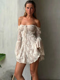 Advbridge Lace Printed Lace-Up Mini Dress Female Ruffled Square Collar Slim Fashion Sexy See-Through Dress For Women Bandage Dress