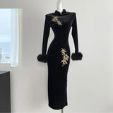 Advbridge Autumn Winter Bodycon Velvet Dress Chinese Style Long Sleeve Stand Collar Embroidery High Split Party Dresses Female Vestidos
