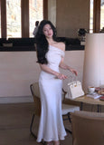ADVBRIDGE  -  French Elegant Chic Women's Dresses Solid Satin Inclined Shoulder Pleated Slim Wasit Mermaid Dress Party Prom Female Clothes New