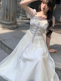 Advbridge Elegant Princess Birthday Party Dress Puff Sleeve Lace-up A-line Midi Dresses for Women Square Collar Prom Robe Vestidos Mujer