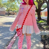 Advbridge Grunge Women Off Shoulder Knit Sweater Pink Pullover Sweet Pullovers  Long Sleeve Bow Lace Patchwork Jumpers Y2k Streetwear