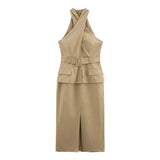 ADVBRIDGE  -  Safari Style Crossed Neck Dressess Women Elegant Sleeveless Belt Pockets Tube Long Dressess Female 2025 Summer New Lady Outwears