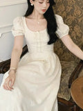 Advbridge Elegant Midi Dresses for Women Summer New Puff Sleeve Square Collar A-line Casual Birthday Party Dress Korean One Piece Vestido