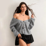 Advbridge Women's Y2K Cute Fall Glitter Sequined Bow Tied Front Loose Fit Sweater Long Sleeve V-Neck Cropped Knitwear Cardigans