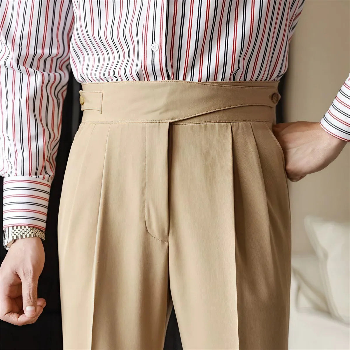 Advbridge England Style Naples Suit Pants For Men Mid High Waist Paris Buckle Straight Trousers Spring Autumn Fashion Business Casual Pant